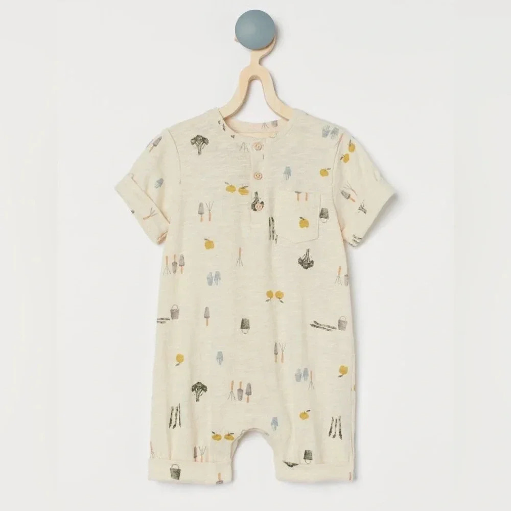 H&M baby romper gardening cotton beige cream onesie shortall unisex button down